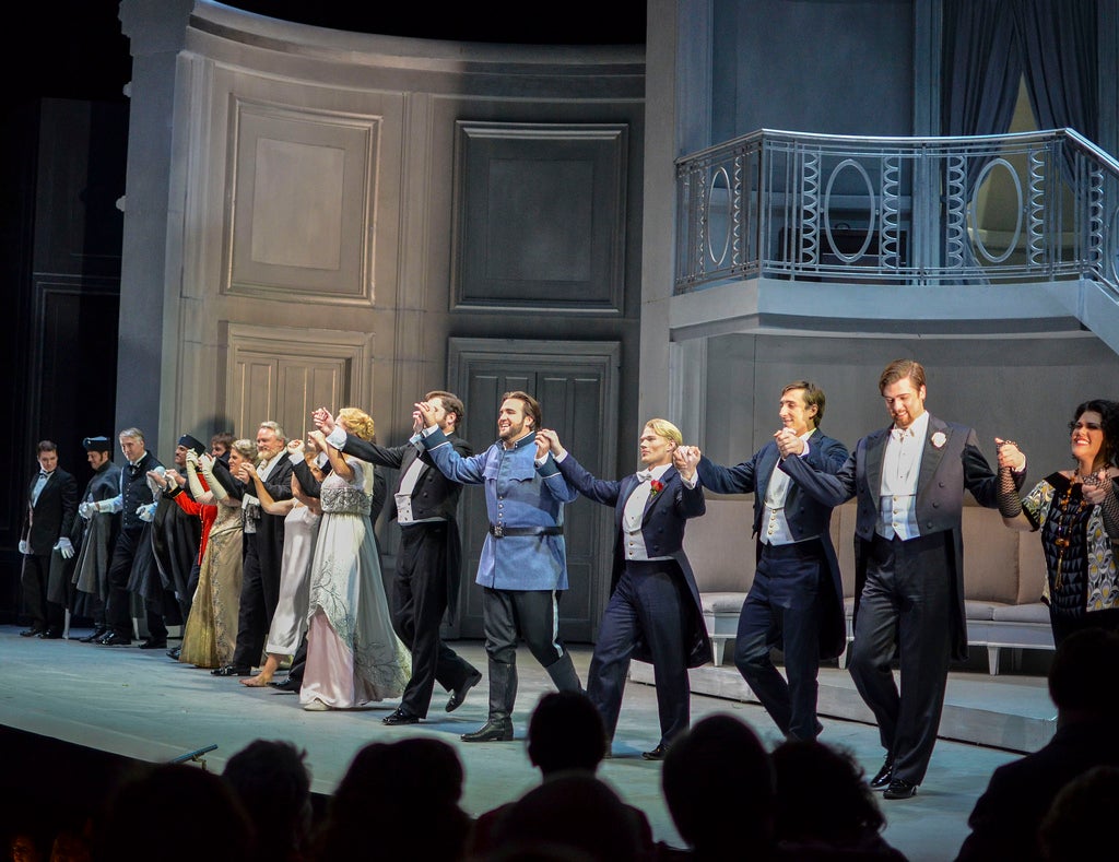 Singers of the Minnesota Opera bow for the audience at the end of the opening night of Arabella.