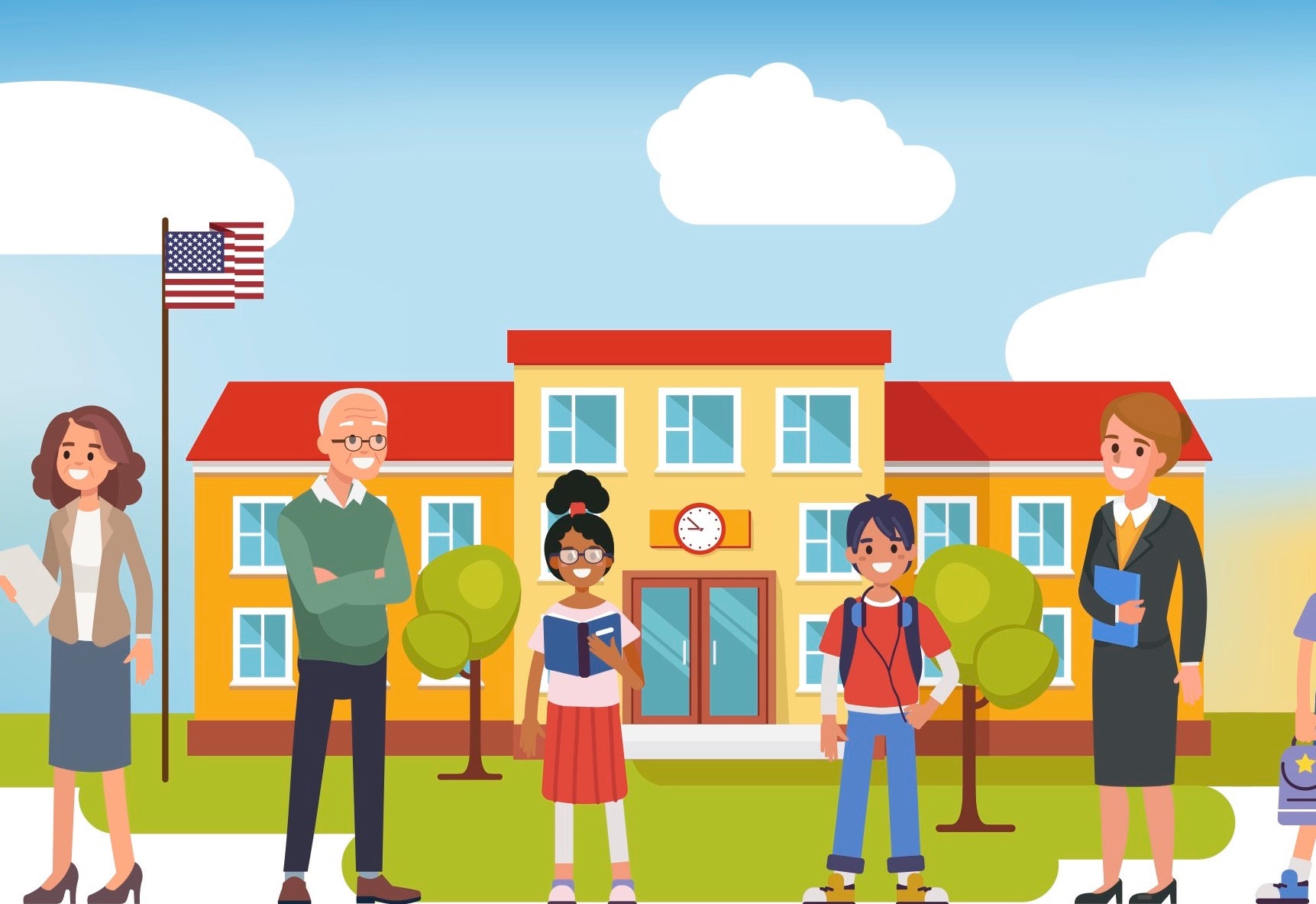 Illustration of students and teachers standing in front of a school.