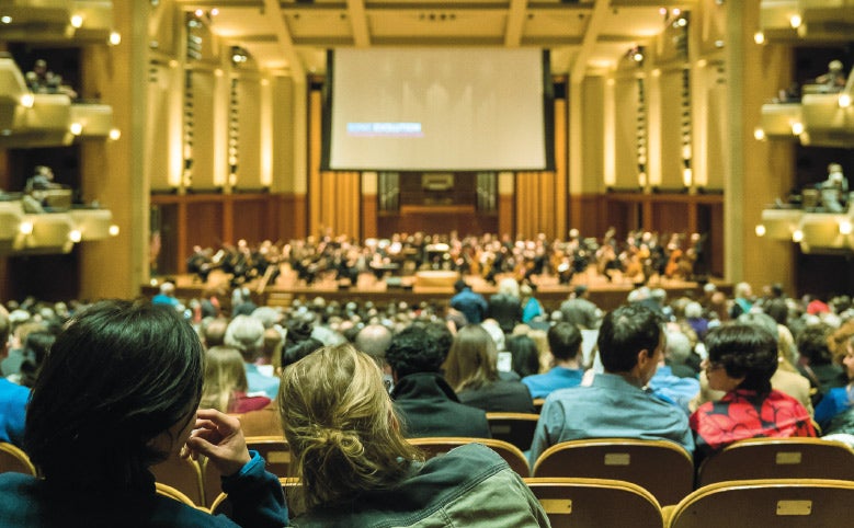 A view from the audience of the Seattle Symphony Orchestra.