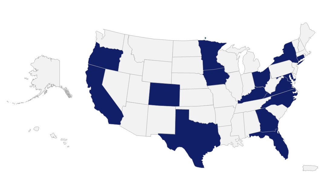 Map showing 16 states Wallace has worked in within the school leadership focus area.