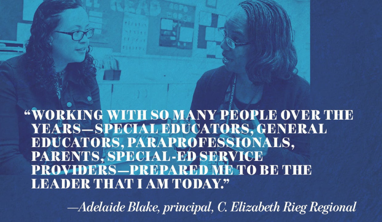 Quote from Adelaide Blake, a school principal, overlaid on a photo of her with a teacher.