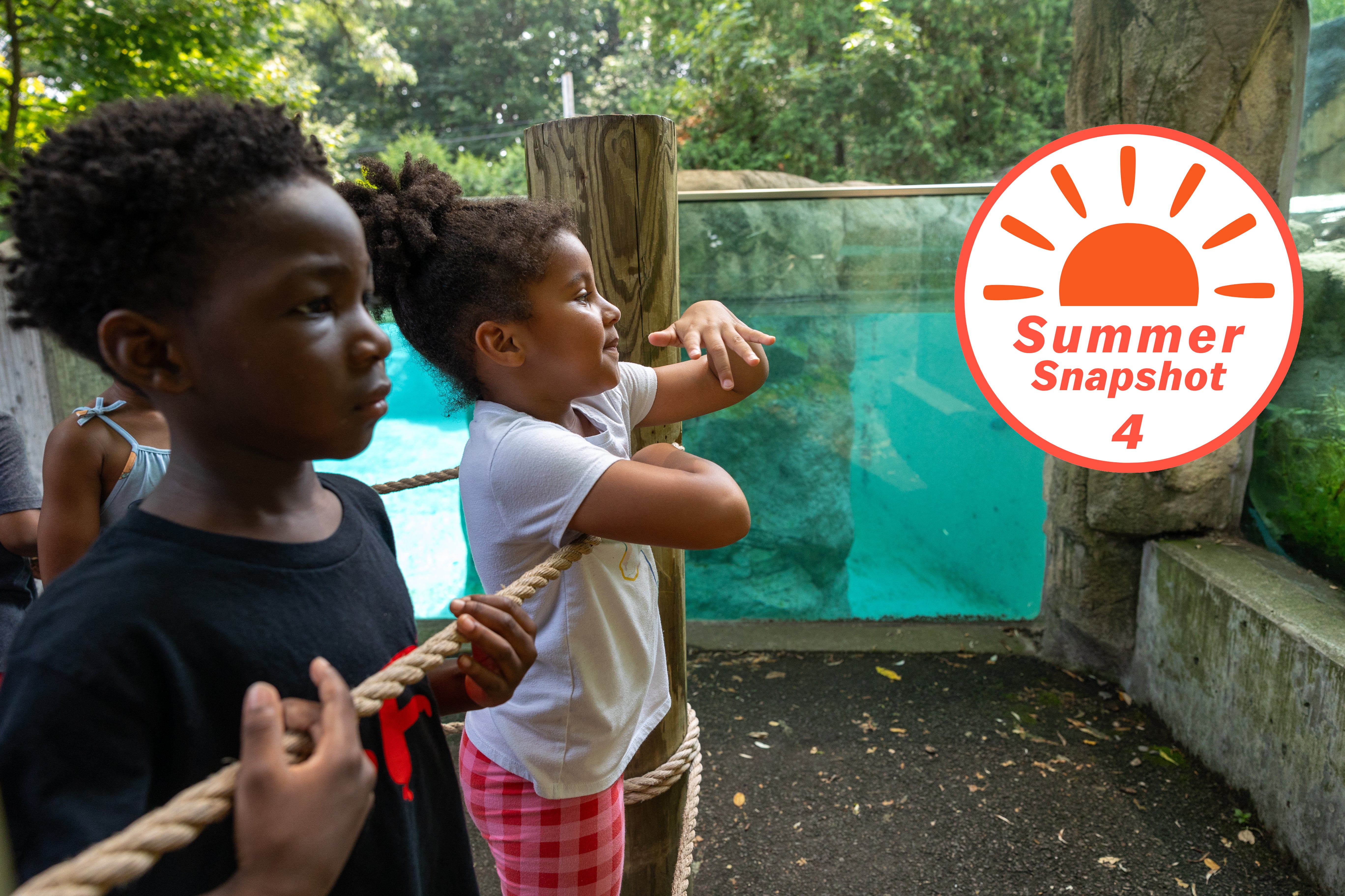 Two children stand near a glass enclosure at a zoo, observing the aquatic area. One child holds a rope while the other points towards the water, surrounded by trees and natural elements.