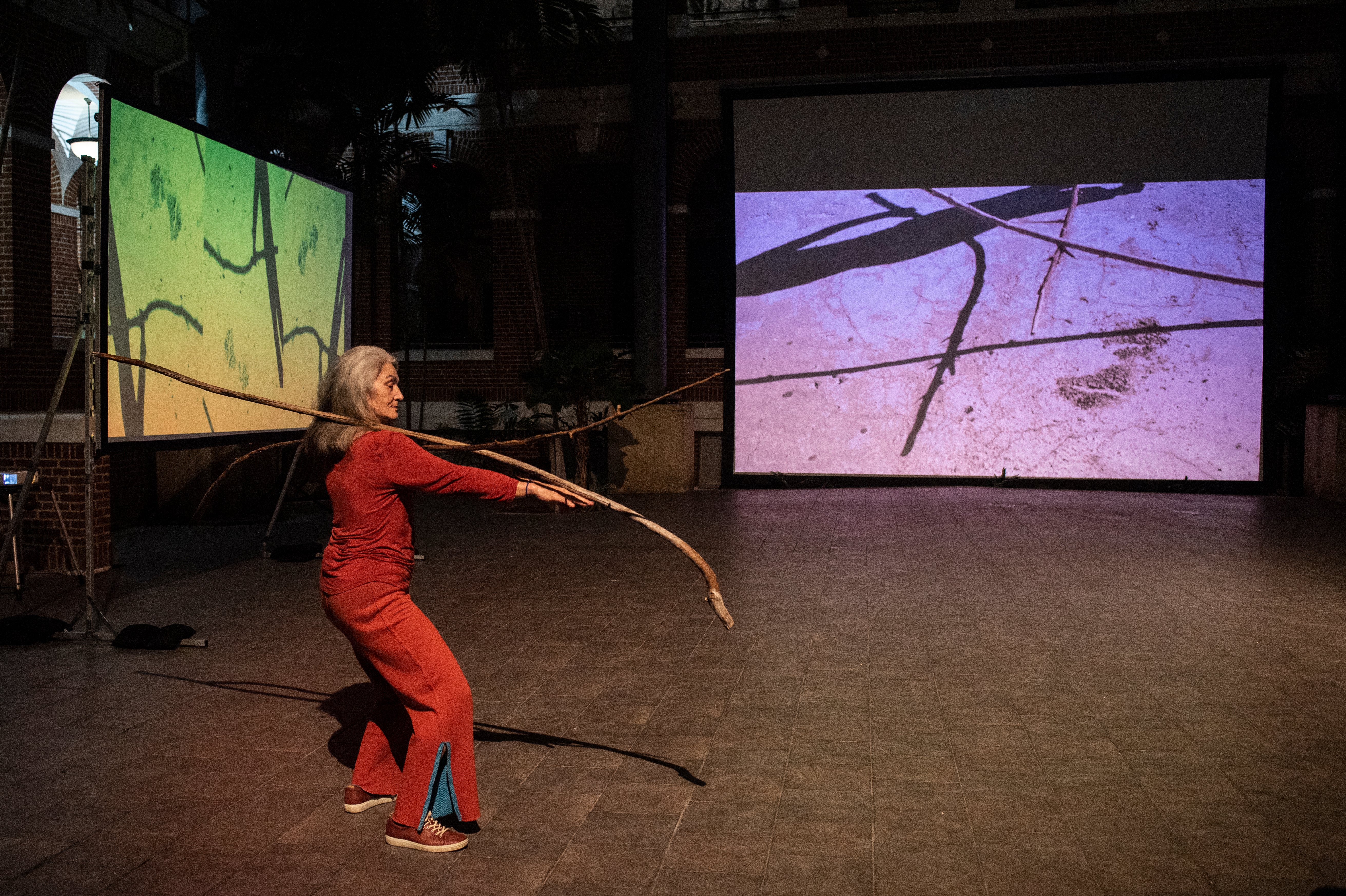 Image of a performer holding a stick in front of screens
